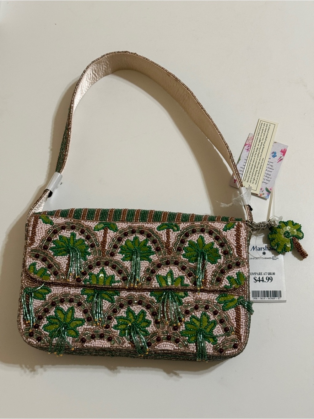 Beaded Palm Tree Shoulder Bag in Pink and Green